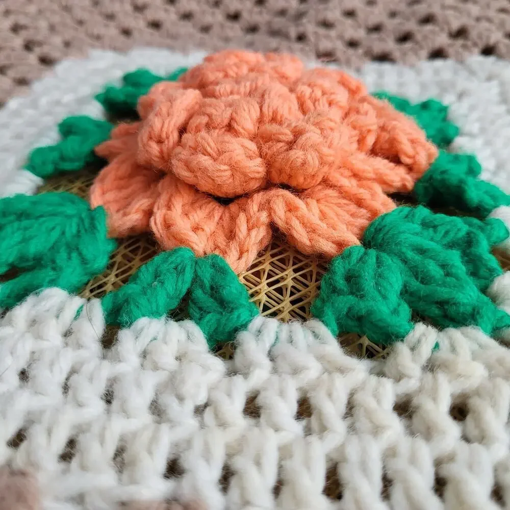 Crochet Floral Tote‎ Bag Medium Tan Orange Dimensional Flowers Boho